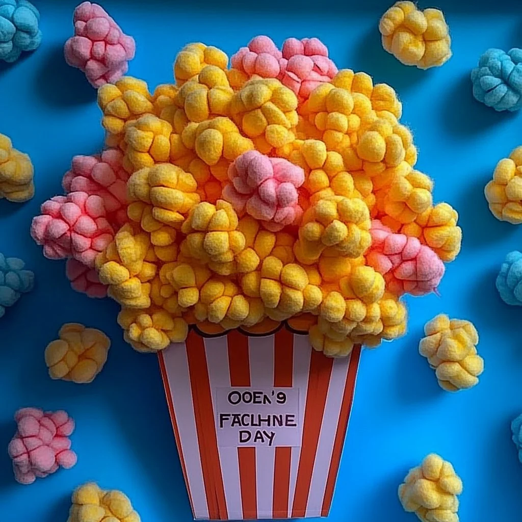Father's Day popcorn card craft with colorful popcorn and heart-shaped decorations.