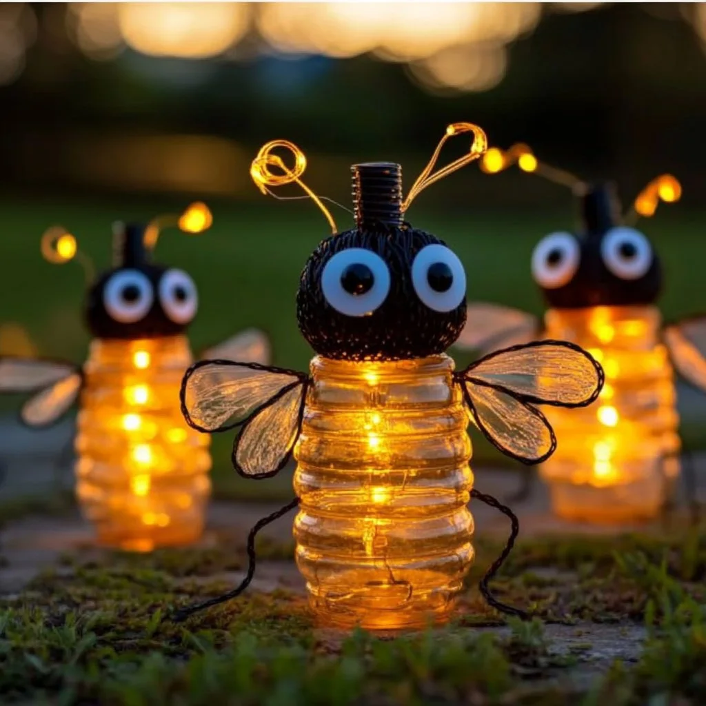 DIY fireflies made from recycled bottles, creative upcycled decor idea.