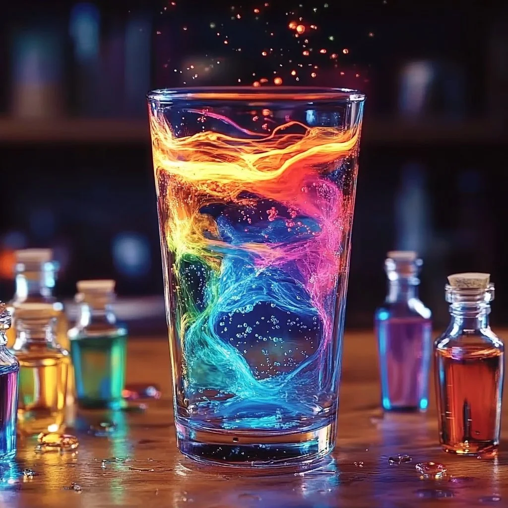 Colorful fireworks in a cup presentation with sparkling drinks