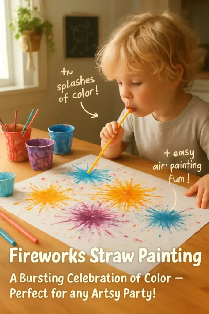 Colorful fireworks created using straw painting technique