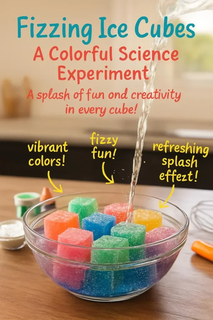 Colorful fizzing ice cubes in a vibrant science experiment for kids