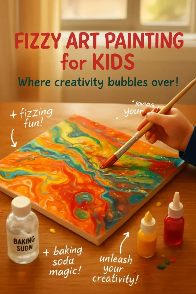 Colorful fizzy art painting created by kids using fun techniques.