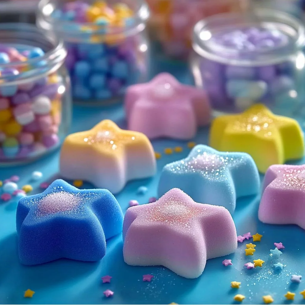 Colorful fizzy frozen stars dessert in an icy bowl, refreshing and fun.