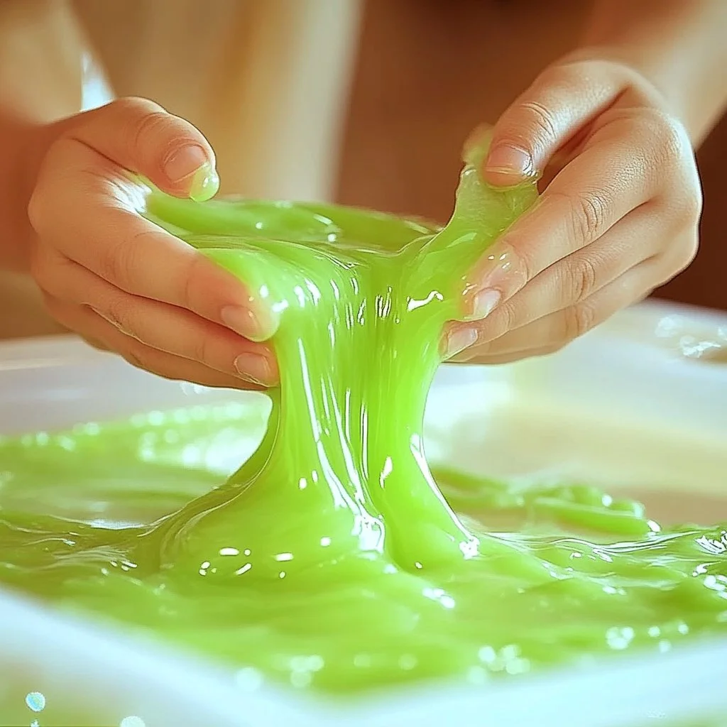 Homemade Flubber recipe with colorful ingredients and playful texture.