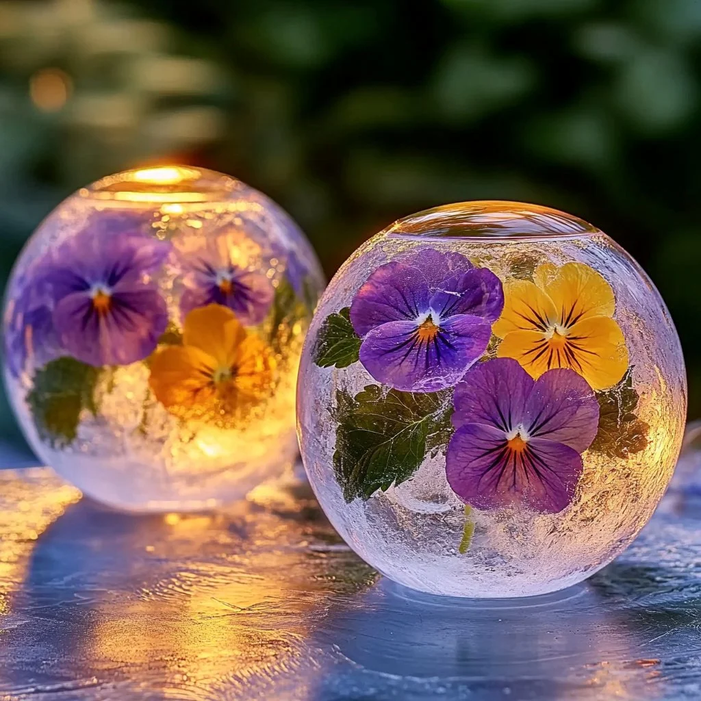 Frozen Flower Balls showcasing floral arrangements encased in ice.