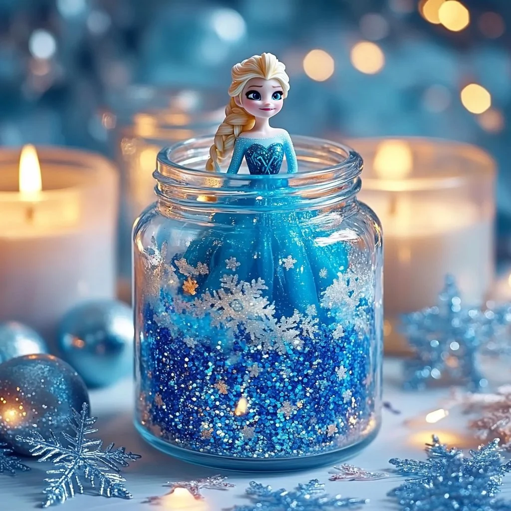 Frozen-themed glitter jar with sparkling snowflakes and blue hues