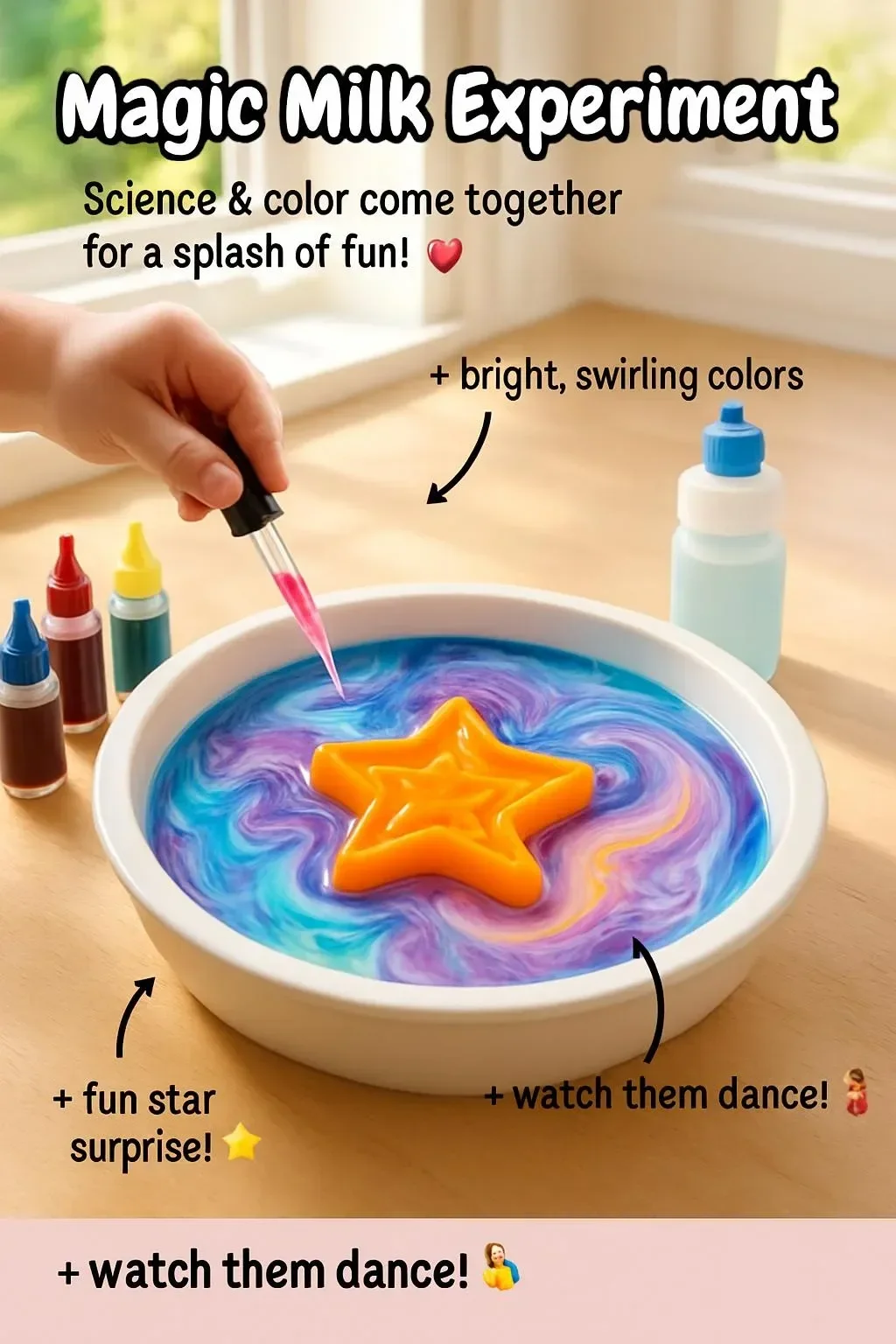 Magic Milk Experiment showcasing colorful swirls of milk and soap.