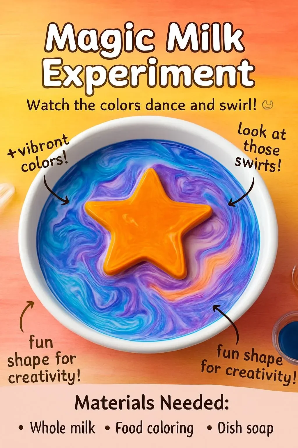 Colorful Magic Milk Experiment showcasing dancing colors with milk and soap.