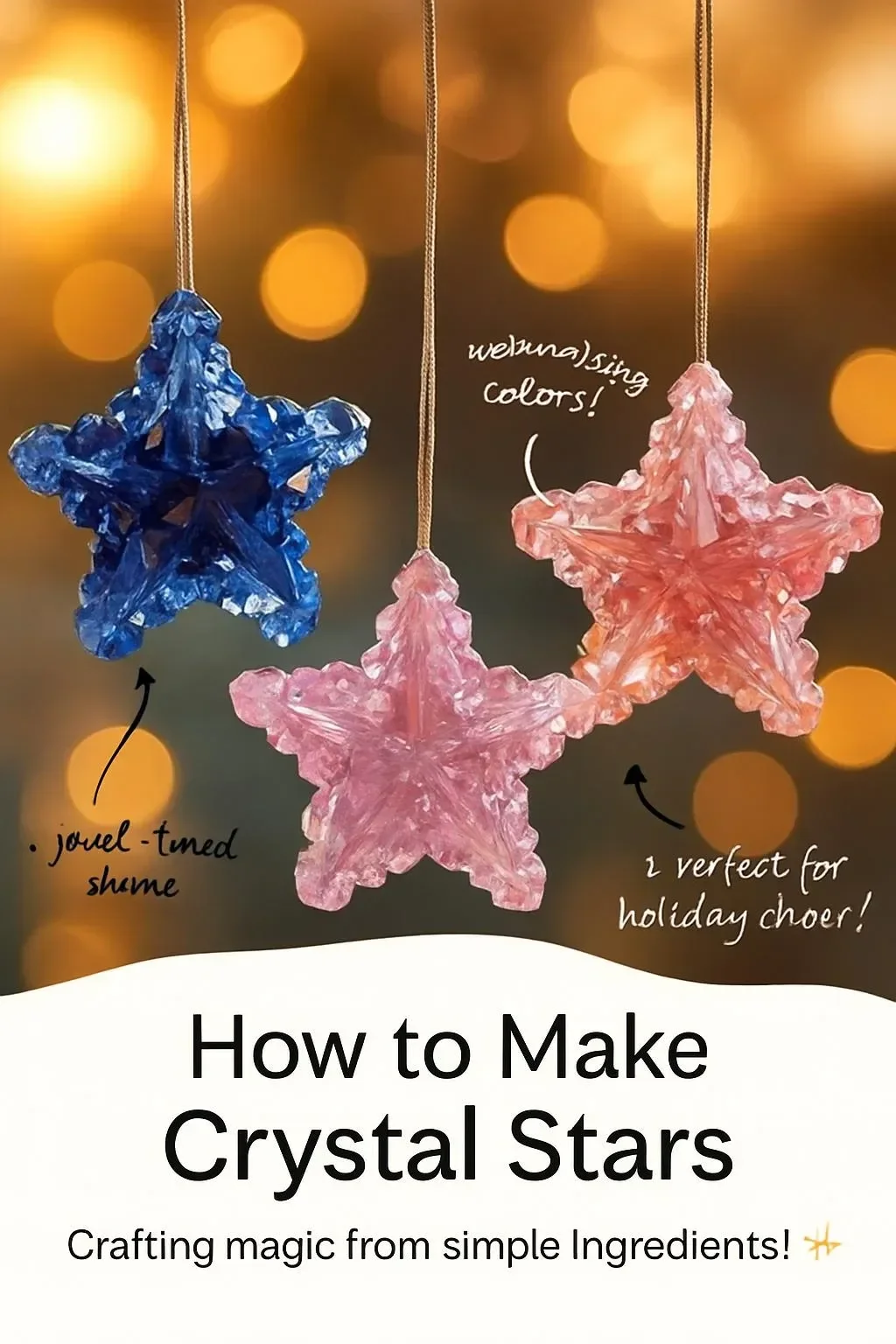 DIY crystal stars project with sparkling decorations growing in the craft process