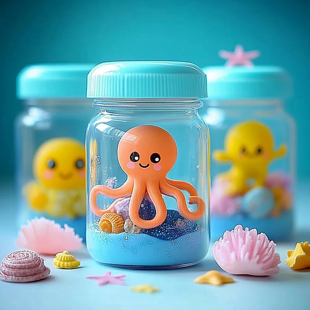 Glitter Ocean Slime Jars filled with vibrant ocean-inspired slime.