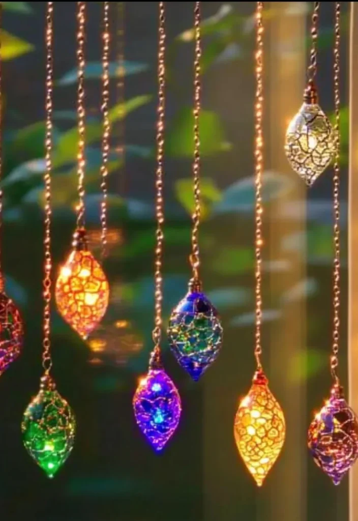 Colorful Glow Bead Suncatchers glistening in sunlight, enhancing home decor.