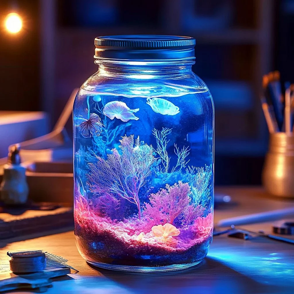 Illuminated glow-in-the-dark aquarium jar with vibrant colors and aquatic life