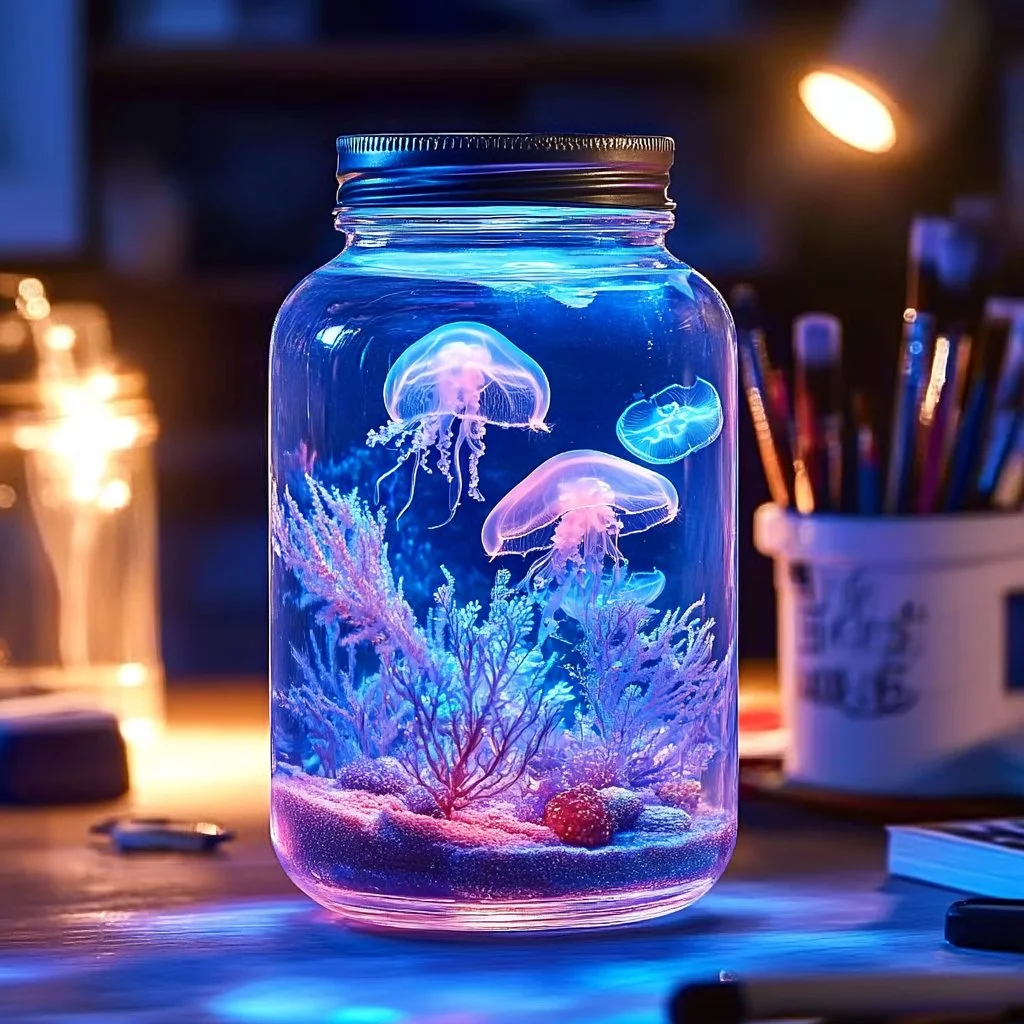 Glow-in-the-dark aquarium jar showcasing vibrant marine life and luminous features.