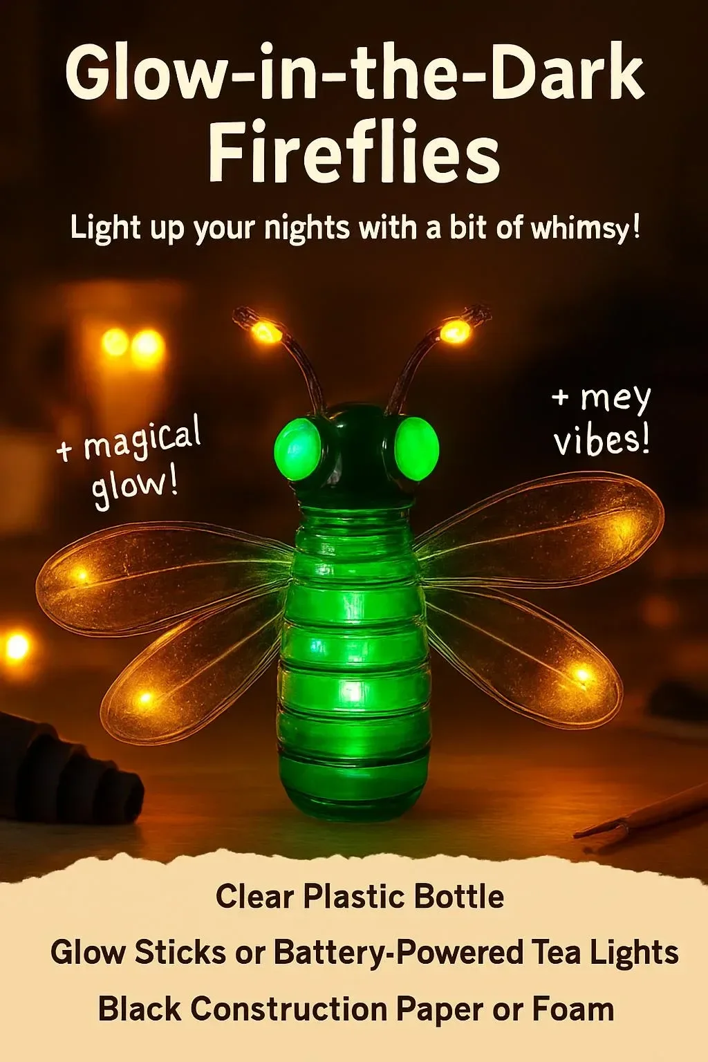 Glowing fireflies illuminating a summer night in a lush green environment.