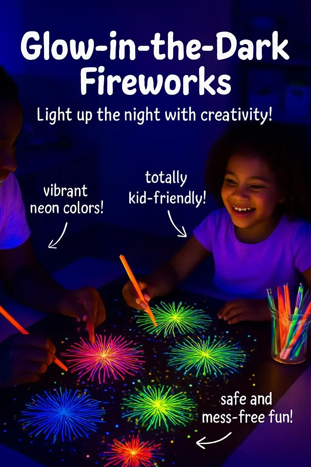 Bright glow-in-the-dark fireworks illuminating the night sky in vivid colors.