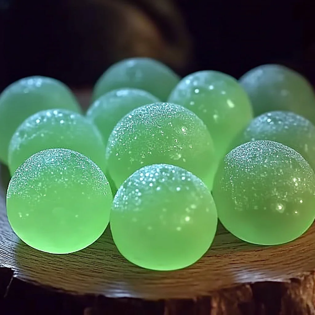 Glow-in-the-Dark Gummy Orbs displayed in a dark setting, shining bright
