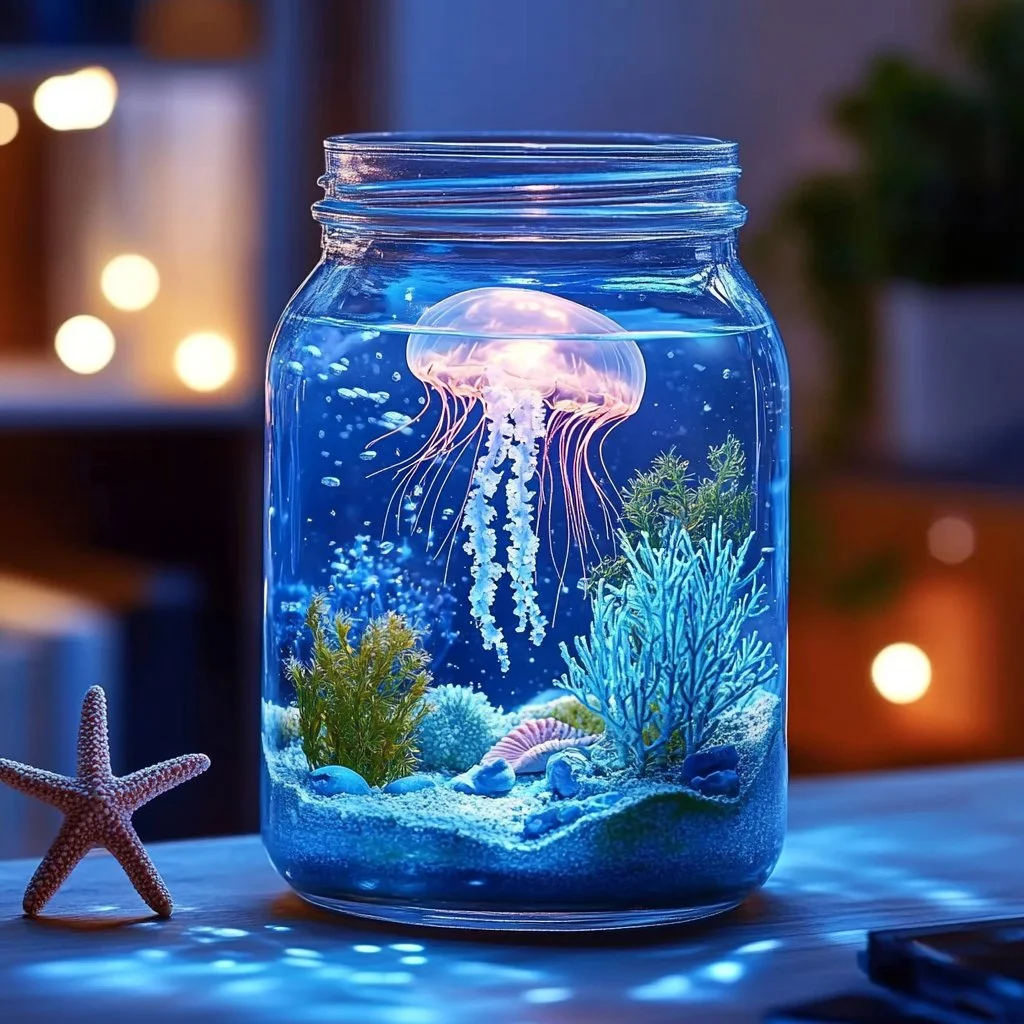 Glow-in-the-Dark Ocean Jar with ocean-themed decorations and luminous effects.