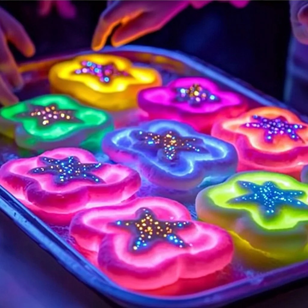 A colorful container of Glow in the Dark Playdough shining in the dark