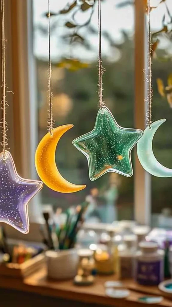 Glowing glow-in-the-dark suncatchers hanging in a sunlit window.