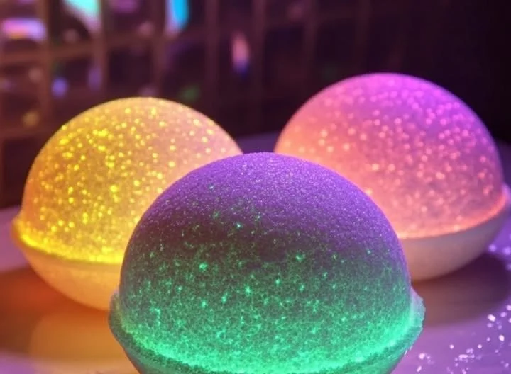 Glowing bath bombs in vibrant colors for a relaxing bath experience.