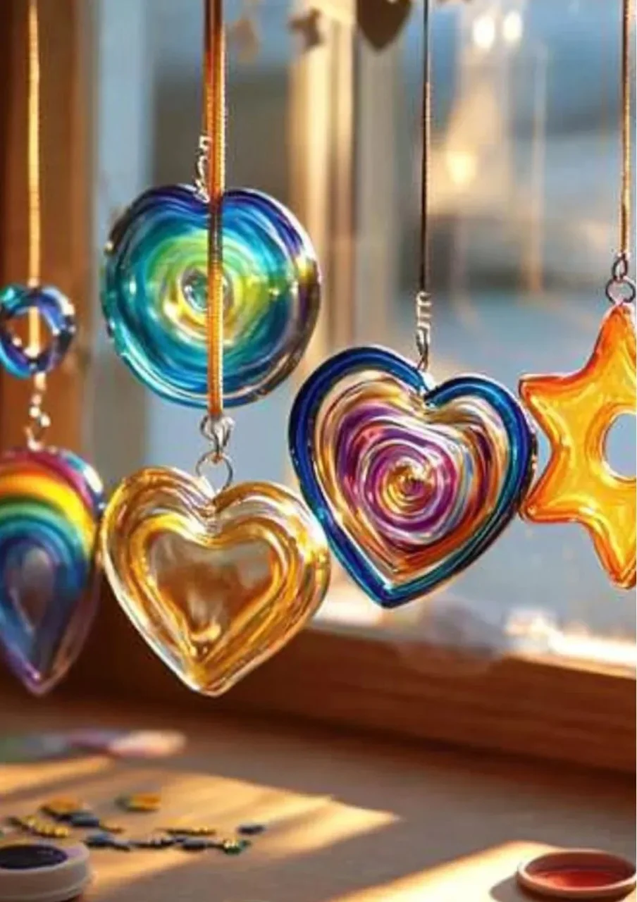 Colorful homemade glue suncatchers hanging in a window.