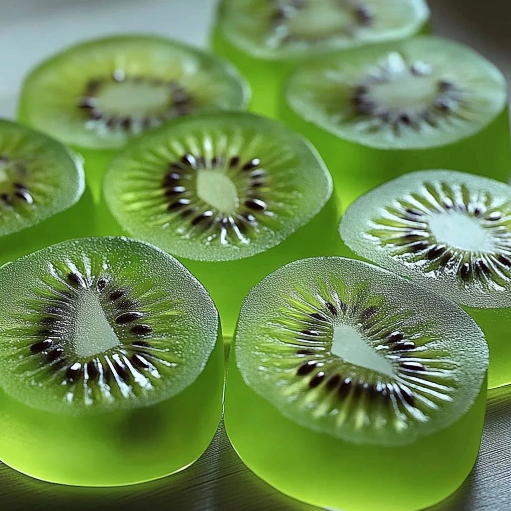 Homemade gummy kiwis on a wooden surface with vibrant colors.