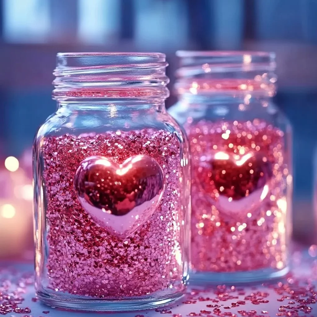 Colorful heart glitter jars for home decor or gifting, filled with shimmering glitter.