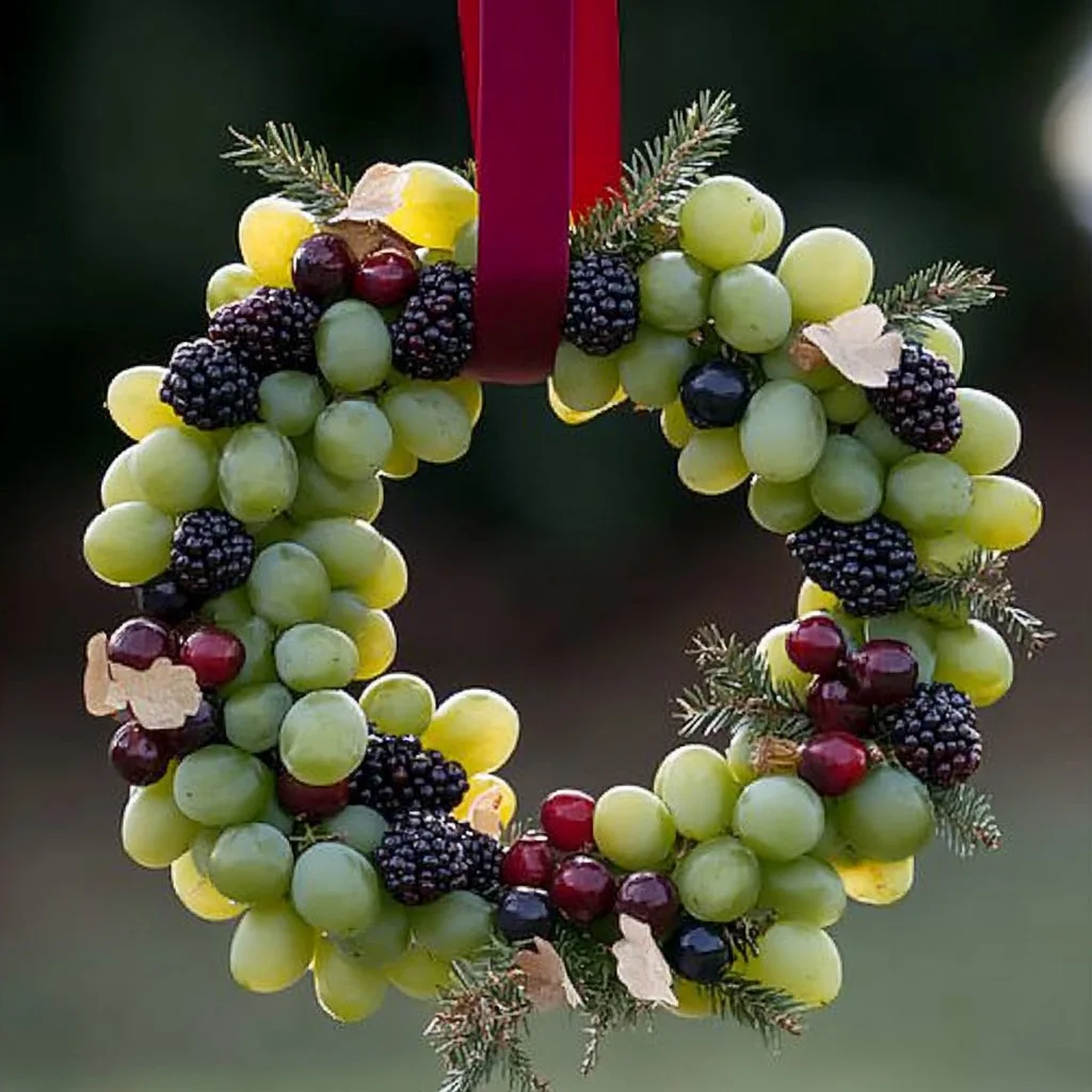 A variety of homemade bird feeders hanging in a garden for attracting birds.