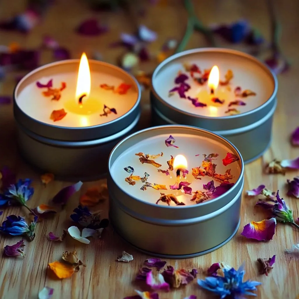 Homemade candles in various shapes and colors displayed on a table.