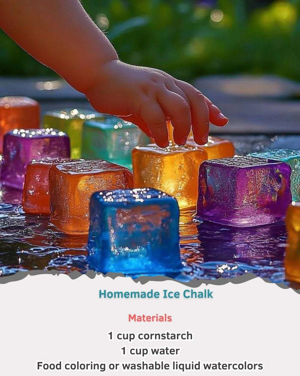 Vibrant colors of homemade ice chalk in ice trays ready for outdoor fun