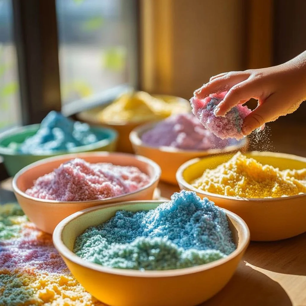 DIY homemade kinetic sand recipe for sensory play.
