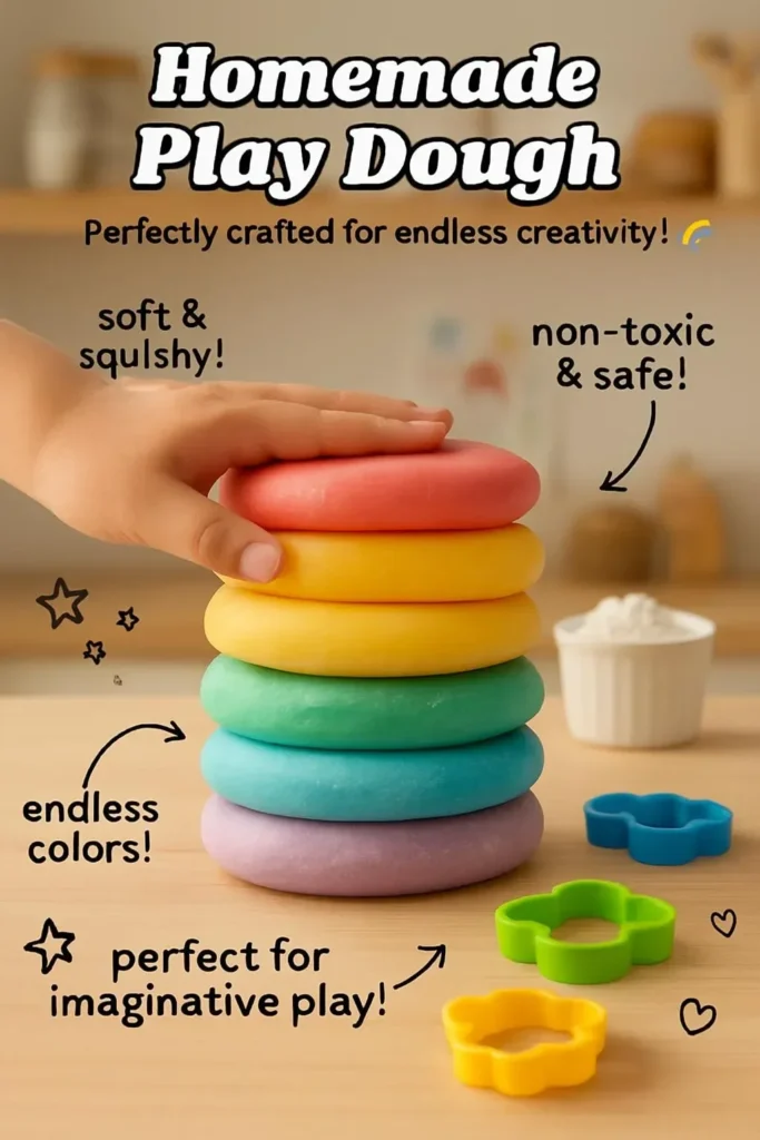 Colorful homemade play dough in various shapes and sizes on a table.