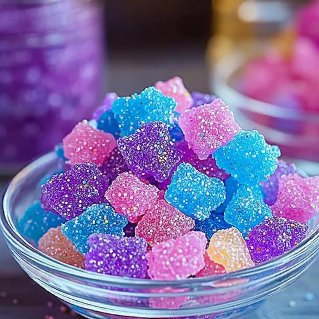 Colorful homemade Pop Rocks candies fizzing in a bowl.