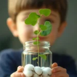Growing a bean in a jar for educational purposes.