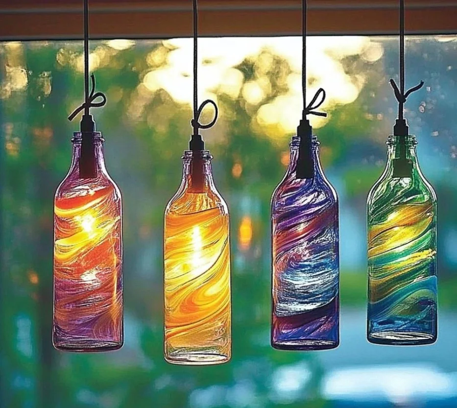 Colorful recycled plastic bottle suncatchers hanging in sunlight