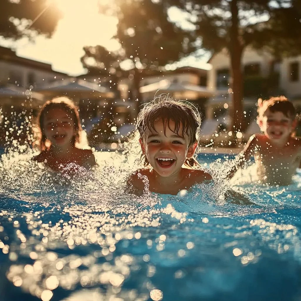 Children playing the classic Marco Polo pool game during summer.