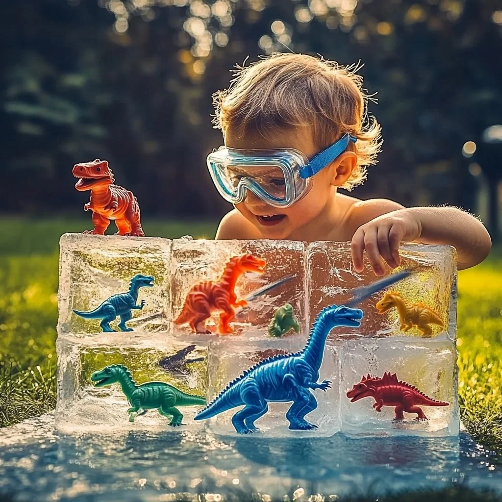 Children participating in Ice-Excavation Dinosaur Dig, uncovering fossils.