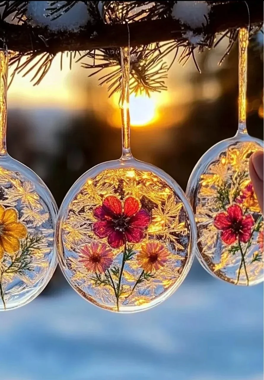Colorful ice suncatchers hanging in a garden, reflecting sunlight.