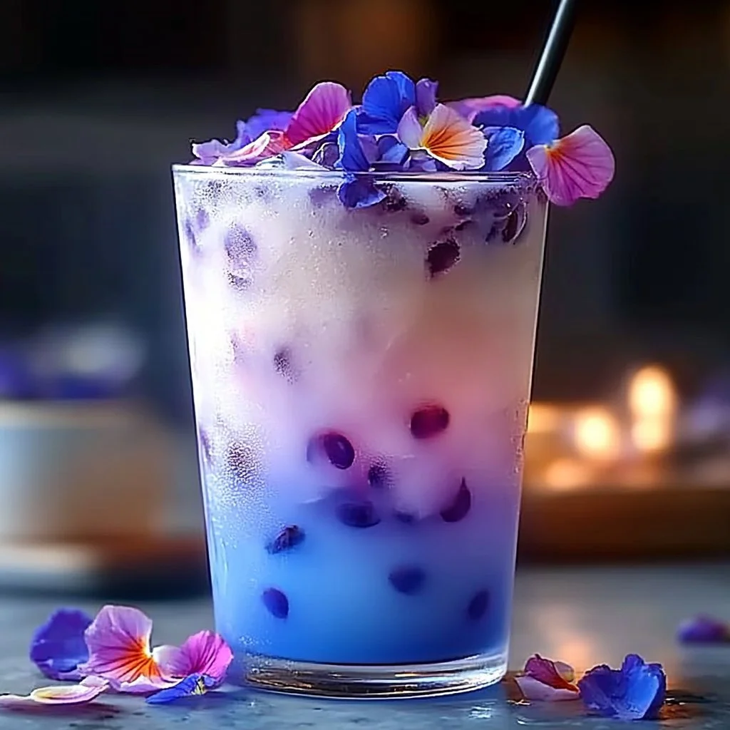 Iced Butterfly Pea Flower Tea Latte in a glass with a colorful blue hue