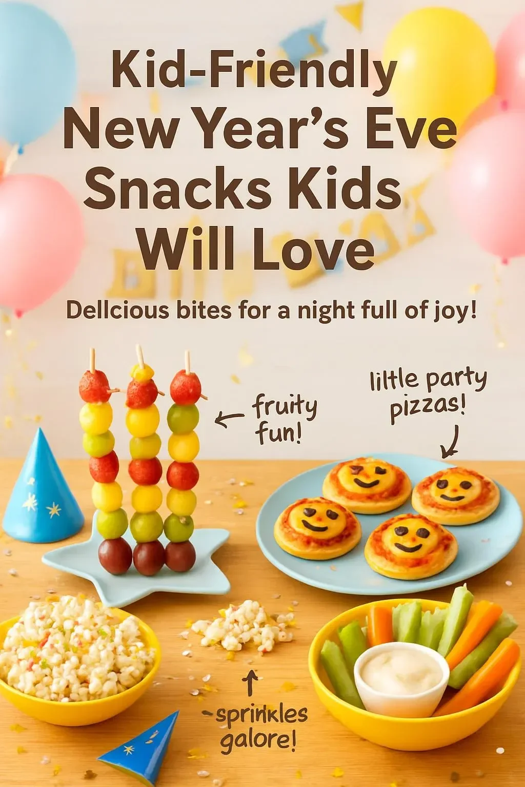 Variety of kid-friendly New Year’s Eve snacks for festive celebrations.