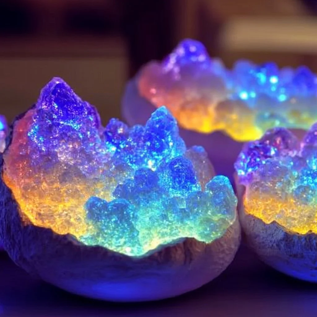 Light-up crystal geodes glowing in various colors, showcasing their stunning beauty.