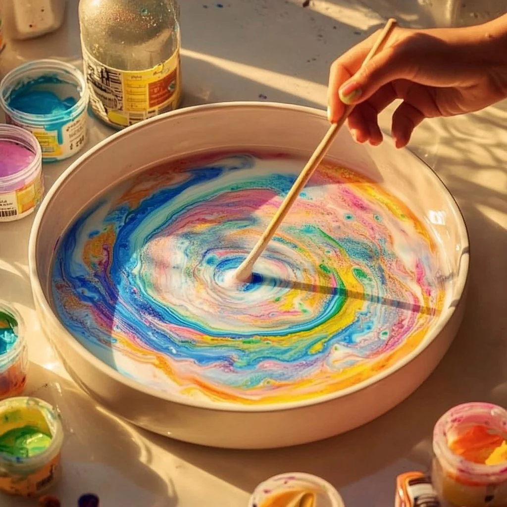 Colorful reaction in the Magic Milk experiment with milk and food coloring.