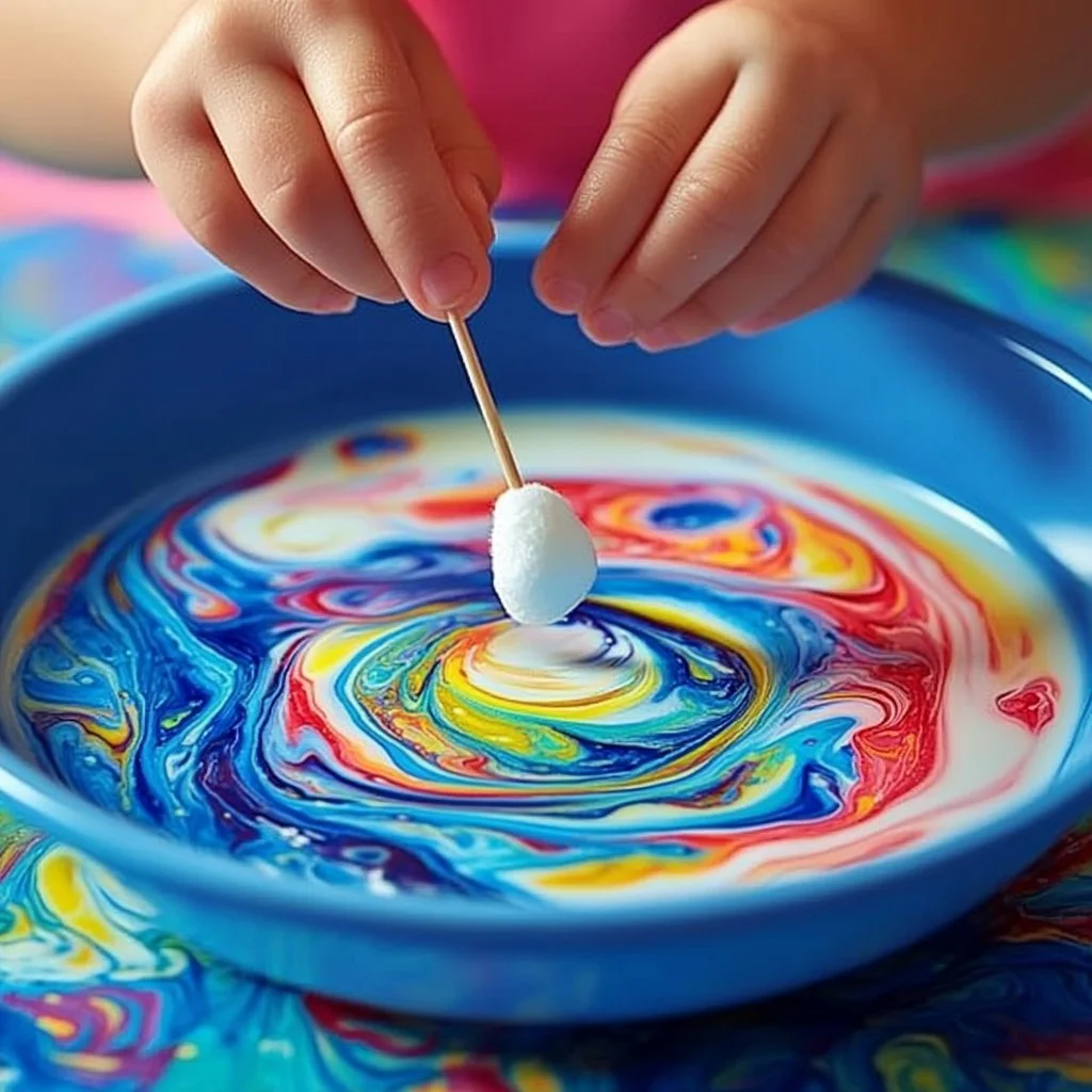 Colorful swirls created in a Magic Milk experiment with food coloring and soap.