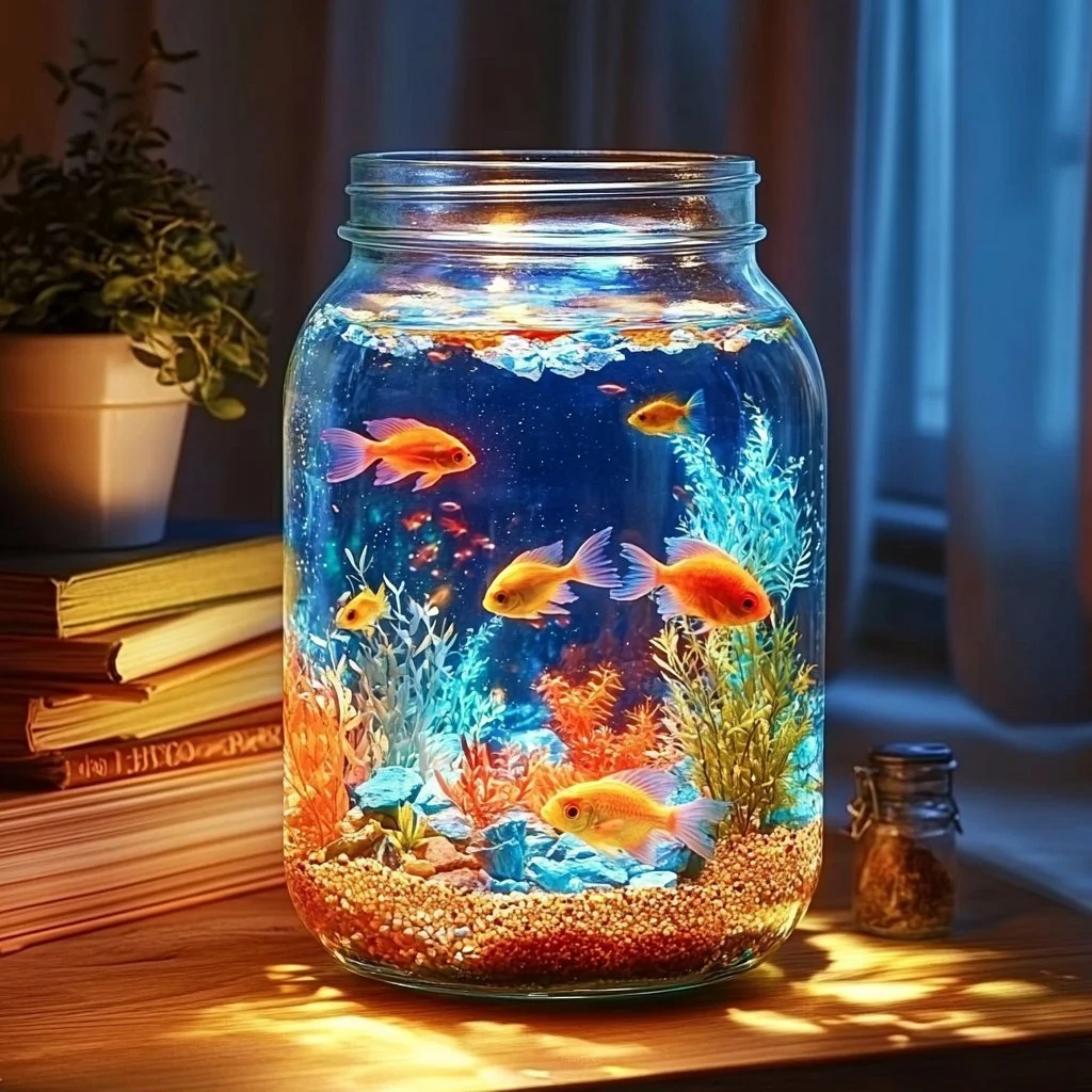 Mason Jar Aquarium Lamp providing ambiance and aquatic illumination.