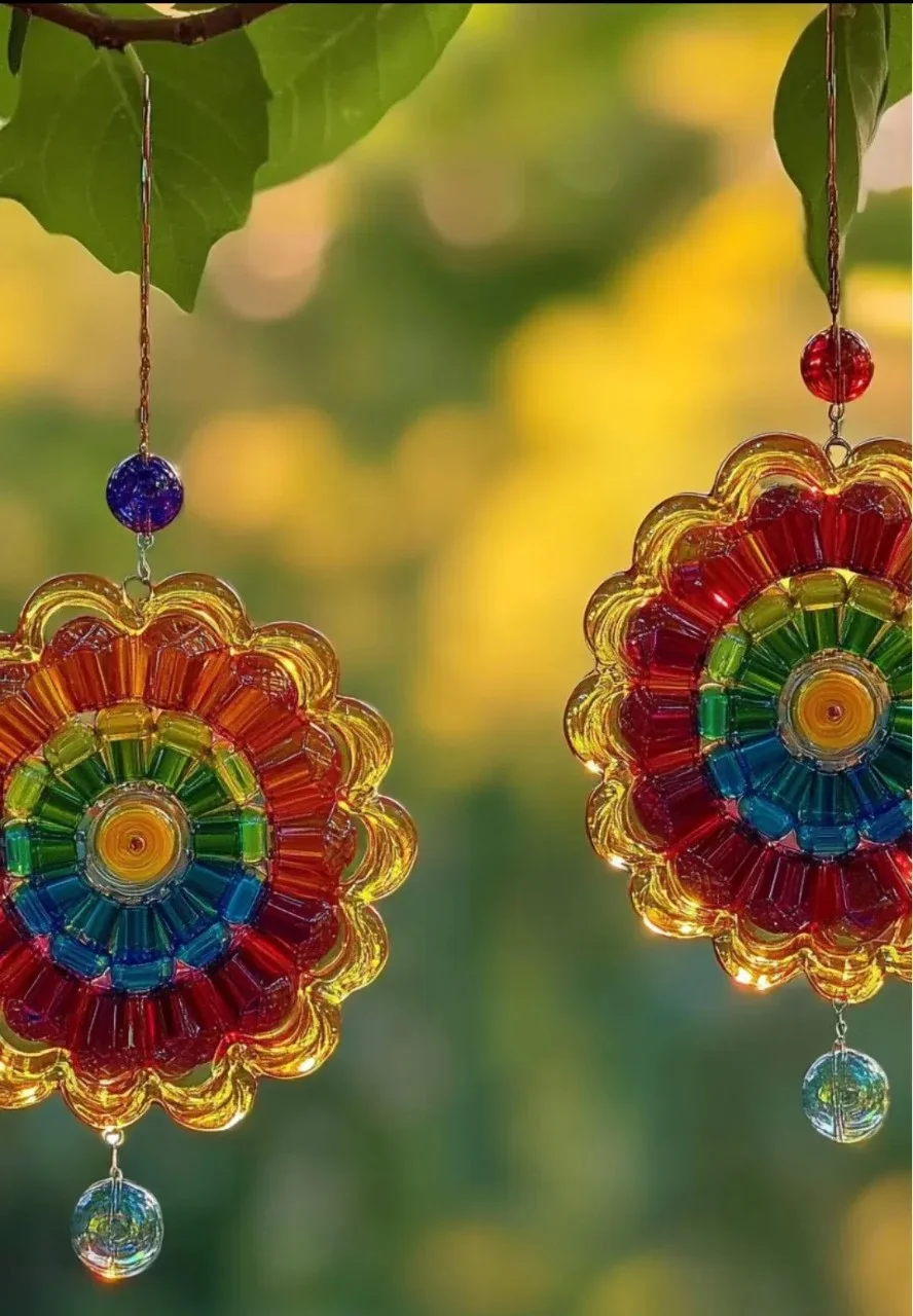 Colorful melted bead suncatchers catching sunlight and adding vibrant decor