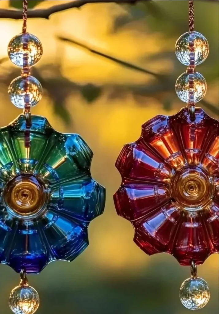 Beautiful melted bead suncatchers catching sunlight in a vibrant display