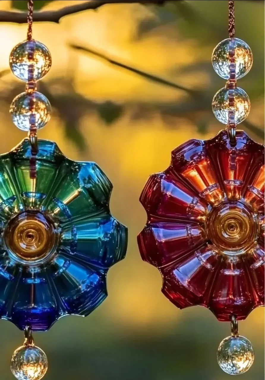 Beautiful melted bead suncatchers catching sunlight in a vibrant display