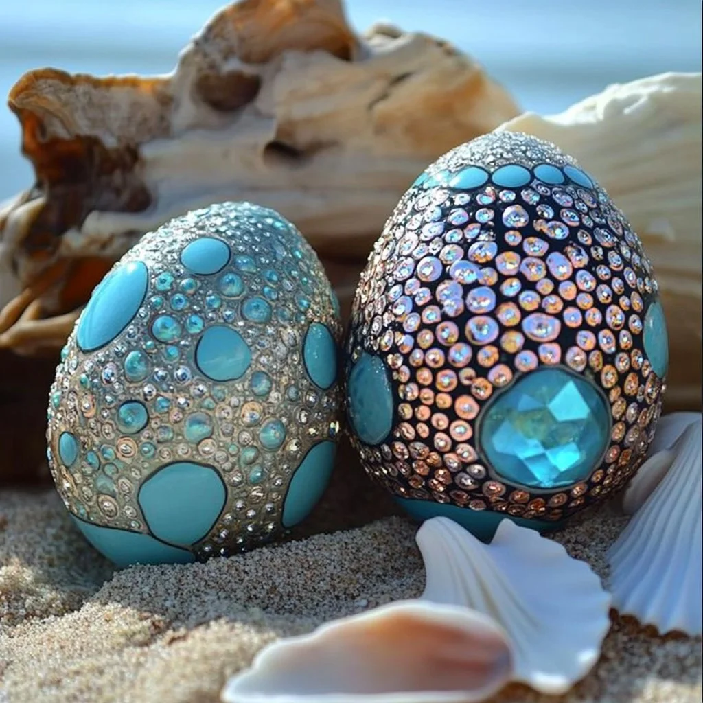 Close-up of shiny mermaid eggs showcasing their colorful, magical appearance.