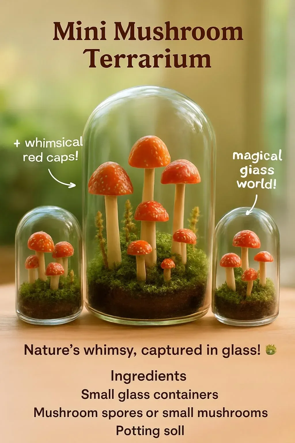 A beautifully arranged mini mushroom terrarium showcasing various mushroom species.