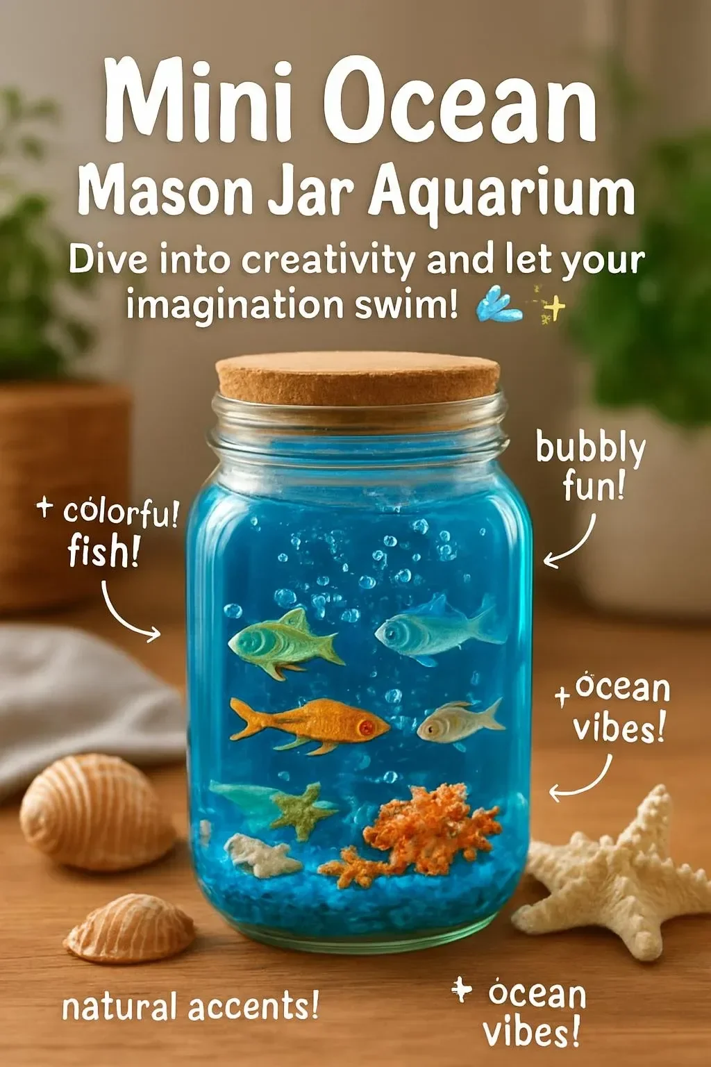Mini ocean aquarium in a mason jar with colorful fish and aquatic plants.
